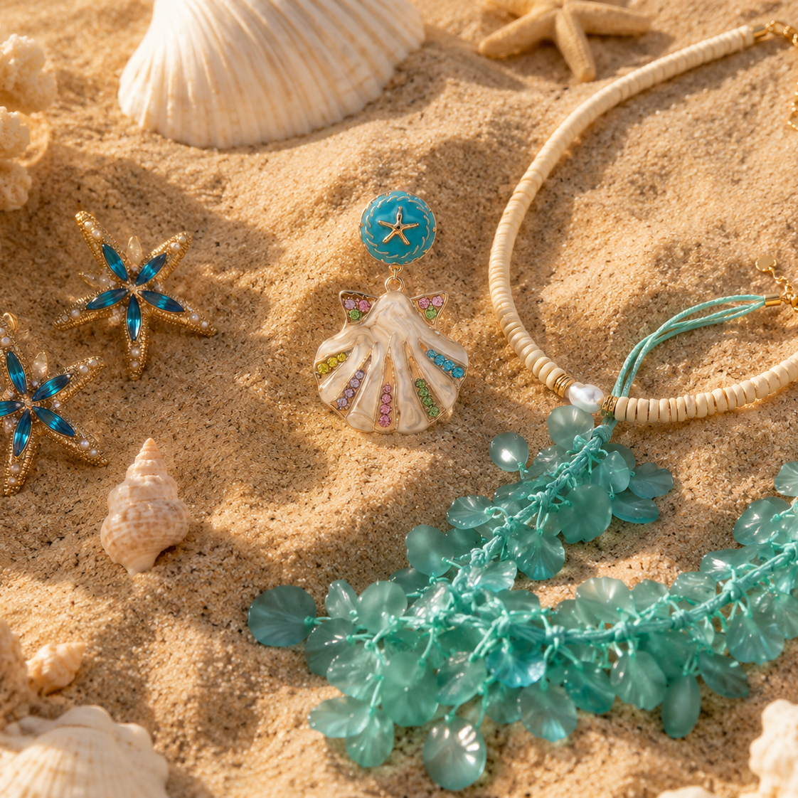 A styled flat-lay of beach-themed jewelry on sand, including a cream cord necklace, a turquoise beaded necklace, starfish earrings with blue and gold details, and a small seashell charm, surrounded by seashells and coral.