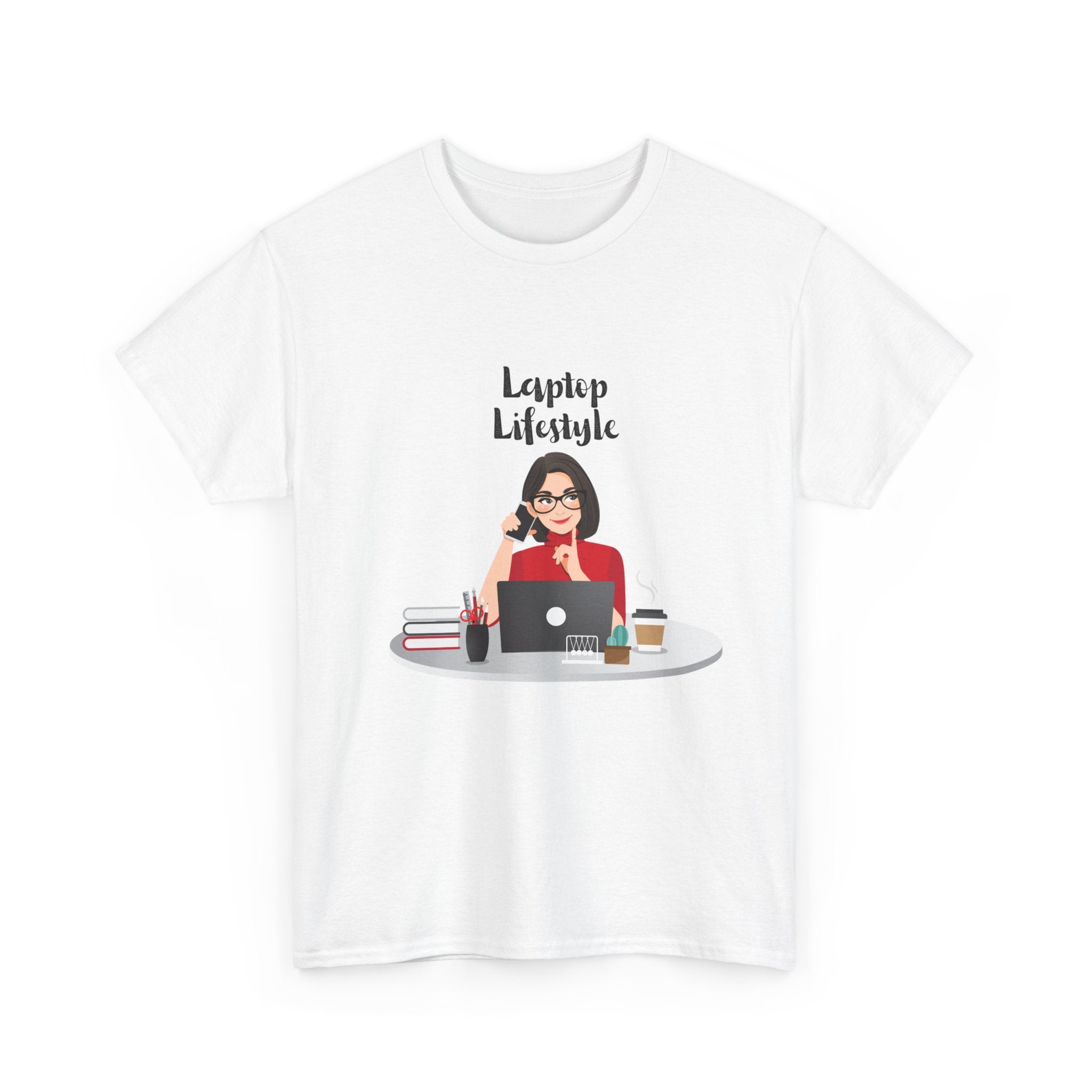 Unisex Heavy Cotton Tee - Laptop Lifestyle Tee, Cozy Gift for Remote Workers