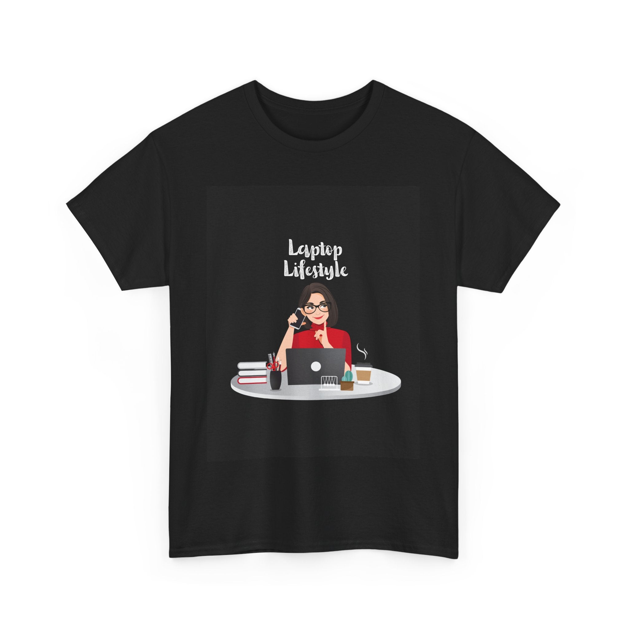 Unisex Heavy Cotton Tee - Laptop Lifestyle Tee, Cozy Gift for Remote Workers