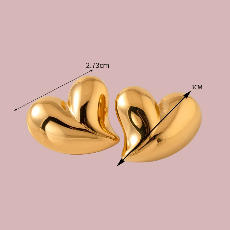 Gold heart-shaped earrings with measurements on a white background