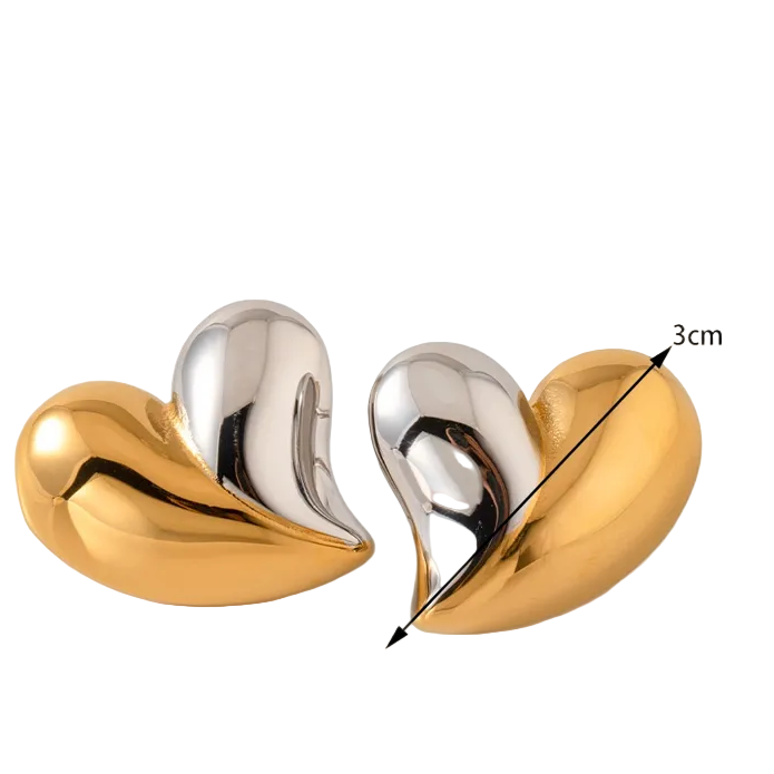 Heart-shaped gold and silver earrings with measurements on a white background