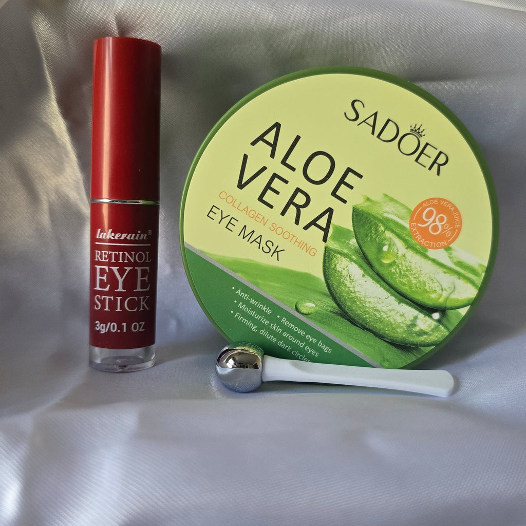 Sanoer Aloe Vera eye mask and a red lip balm on a white surface