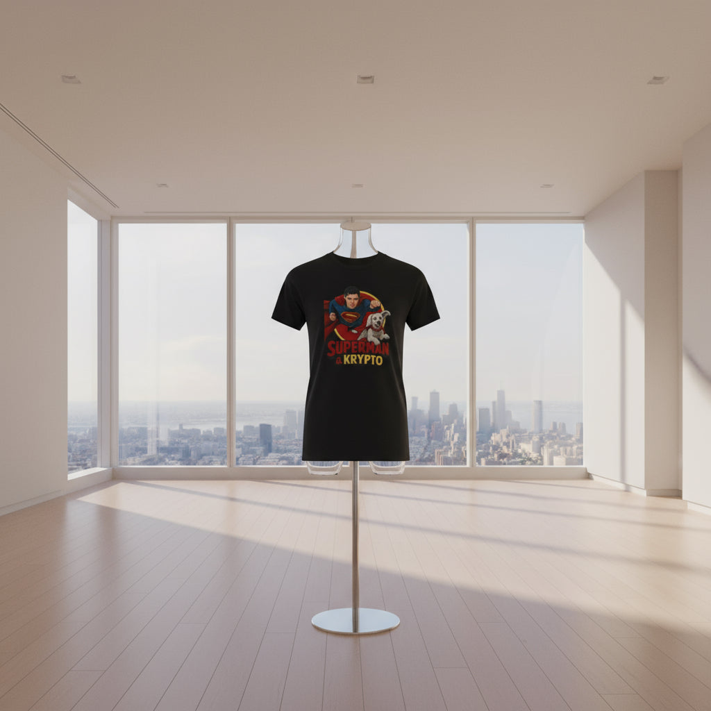 Man wearing a black t-shirt with Superman and Krypto graphic design on a white background