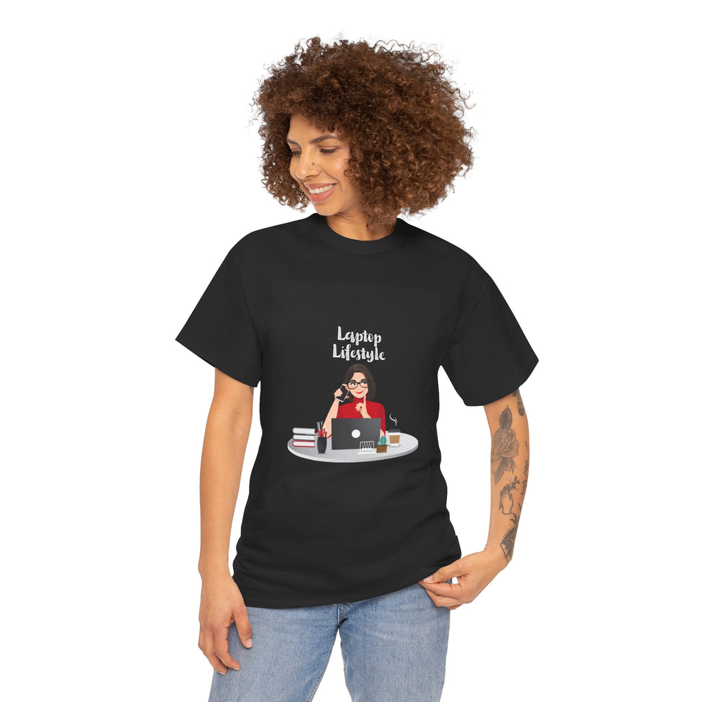 Unisex Heavy Cotton Tee - Laptop Lifestyle Tee, Cozy Gift for Remote Workers