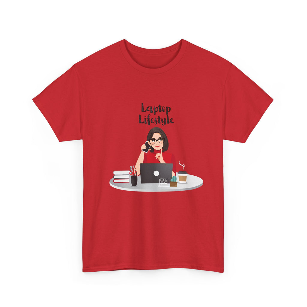 Unisex Heavy Cotton Tee - Laptop Lifestyle Tee, Cozy Gift for Remote Workers