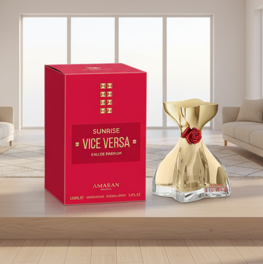 Gold perfume bottle with red rose and red box labeled 'Sunrise Vice Versa' by Amaran on a white background