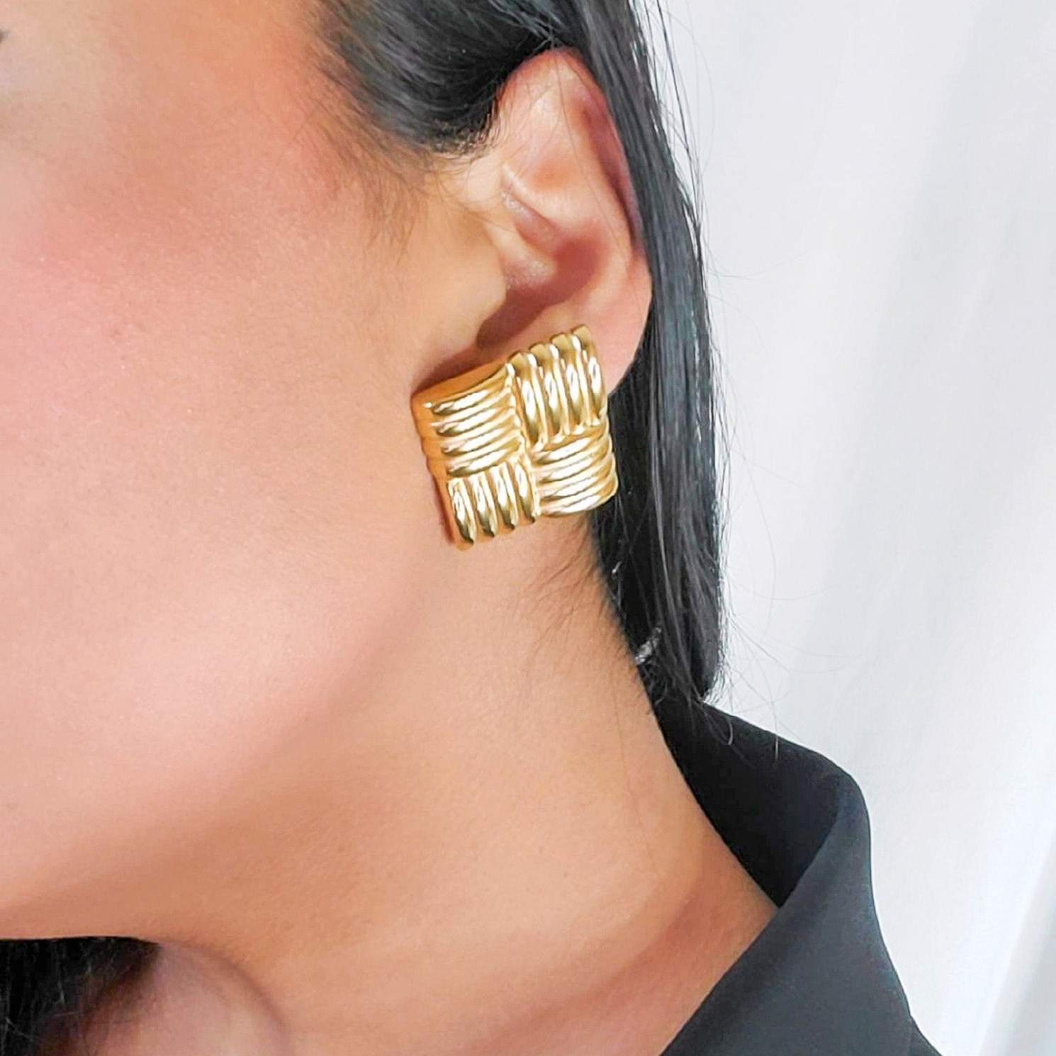 Vintage Square Ribbed Gold and Silver Clip On Earrings