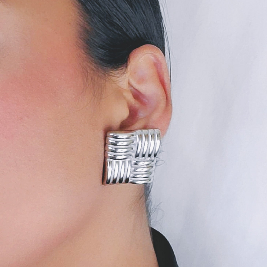 Vintage Square Ribbed Gold and Silver Clip On Earrings