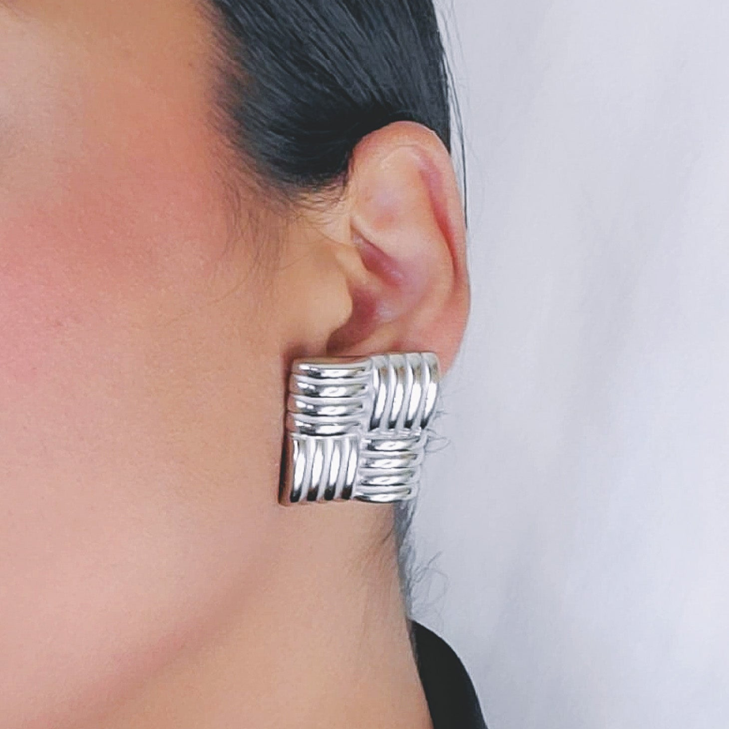 Vintage Square Ribbed Gold and Silver Clip On Earrings