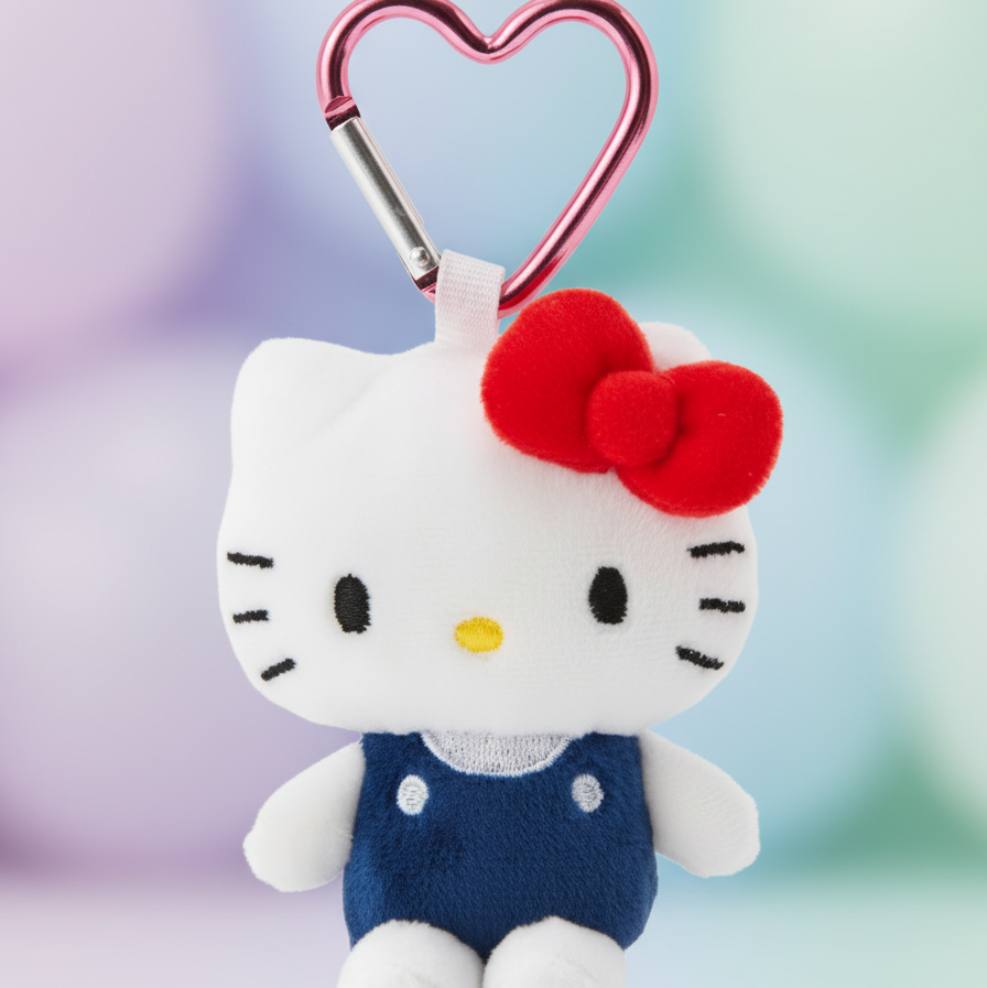 Plush keychain of a cartoon character with a heart-shaped clip on a light background