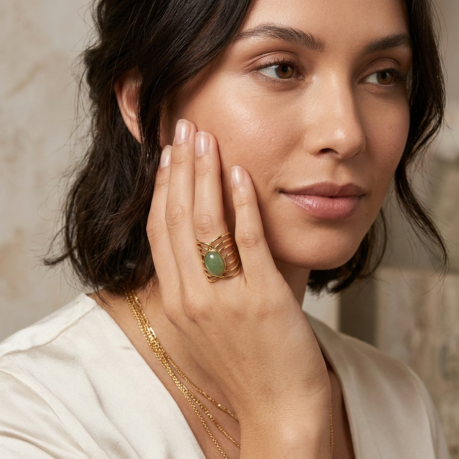 Woman wearing a gold ring with a green gemstone, posing with hand near face.