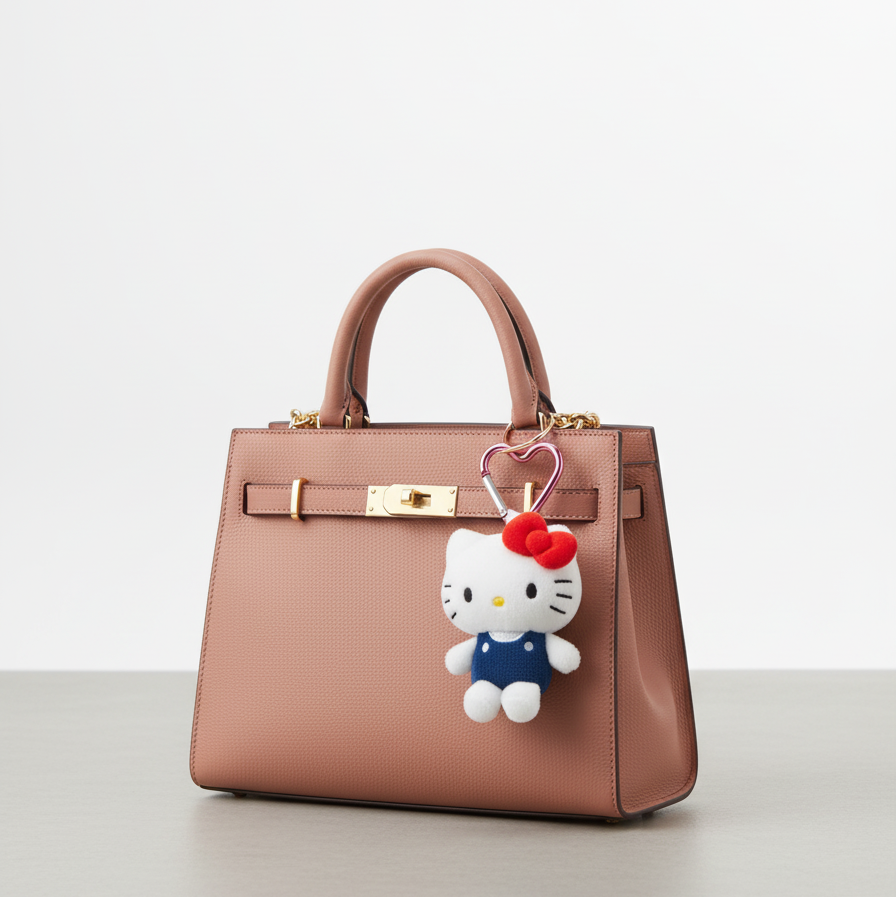 Brown handbag with a Hello Kitty keychain on a light gray surface.