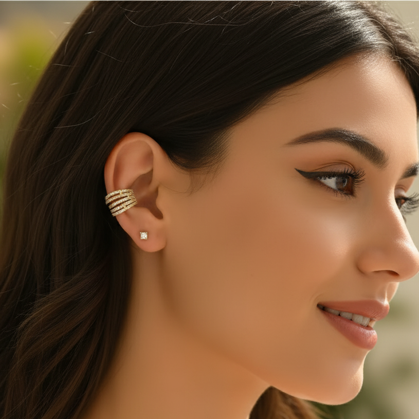 Woman wearing a gold earring with a blurred natural background