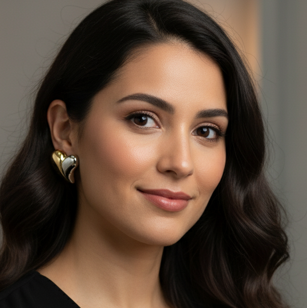 Woman wearing a black top with a blurred background