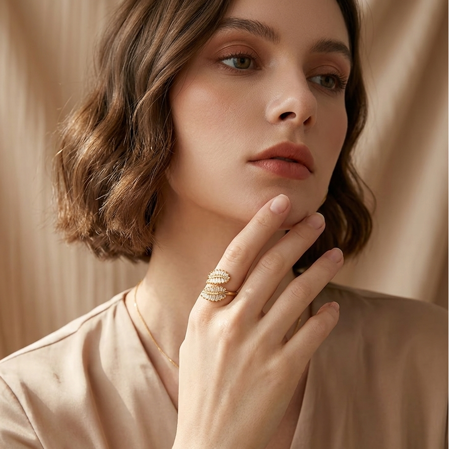 Gold Leaf Bypass Ring with Radiant Baguette Crystals