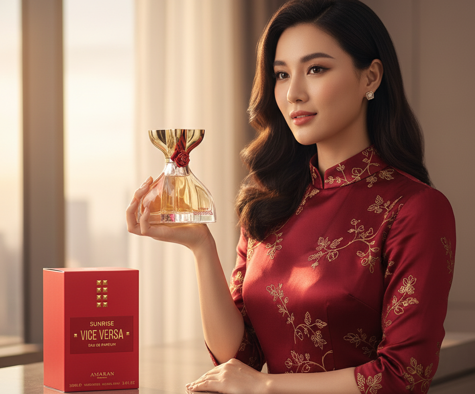 Woman in a red dress holding a perfume bottle with a box on a table.