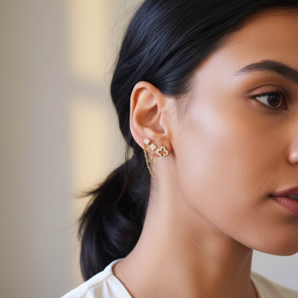 Close-up of a woman wearing gold earrings with a blurred background