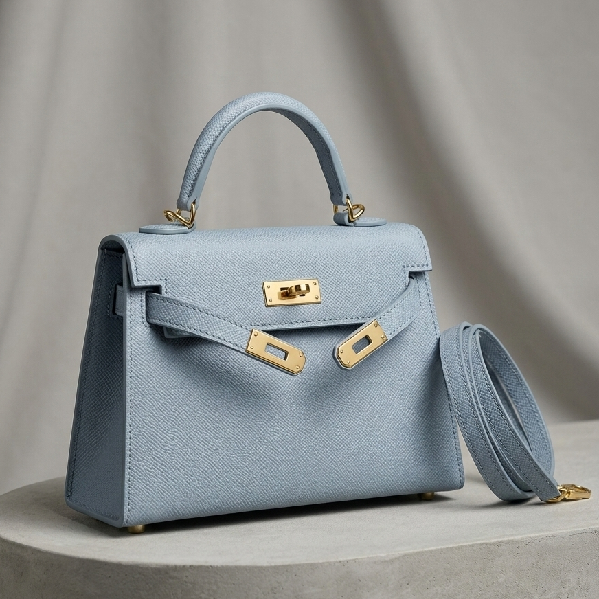 Light blue handbag with gold accents on a gray background