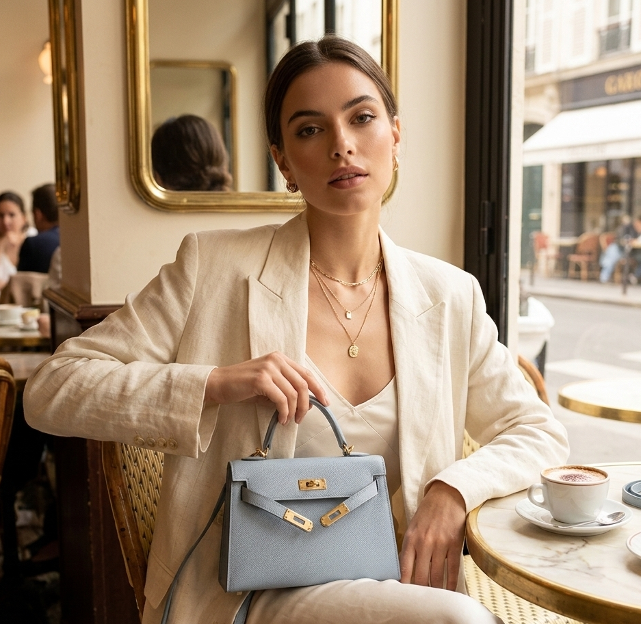 Woman sitting in a cafe holding a light blue handbag