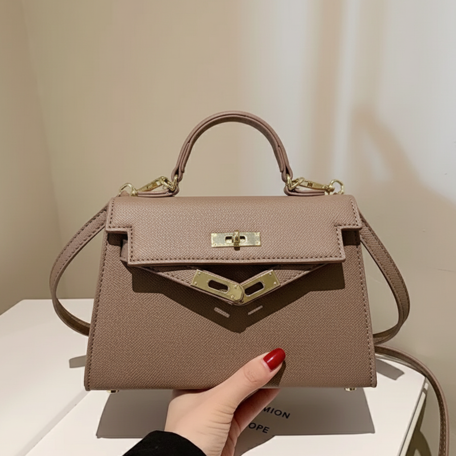 Brown handbag held by a hand with red nail polish on a neutral background