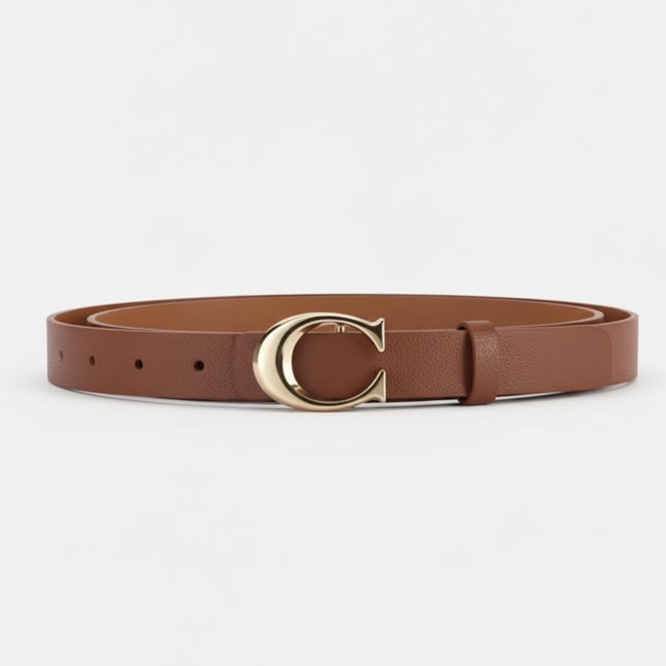 Brown belt with a gold buckle on a light gray background