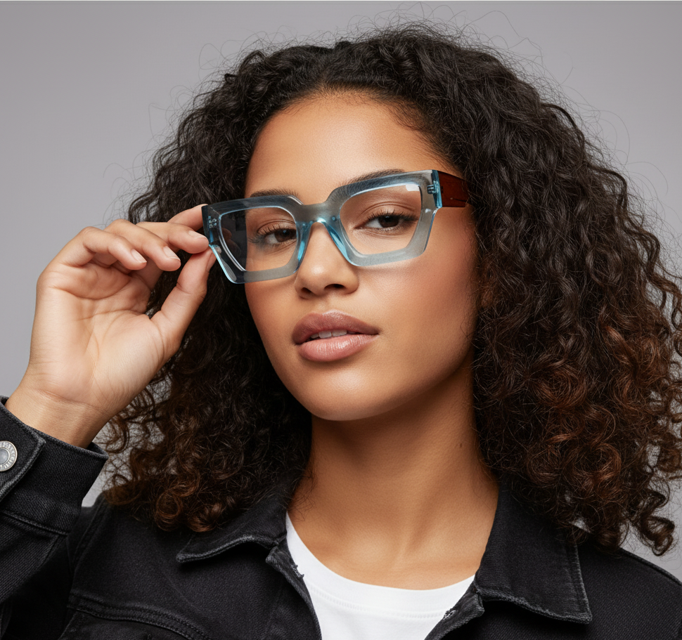 Woman adjusting glasses against a gray background