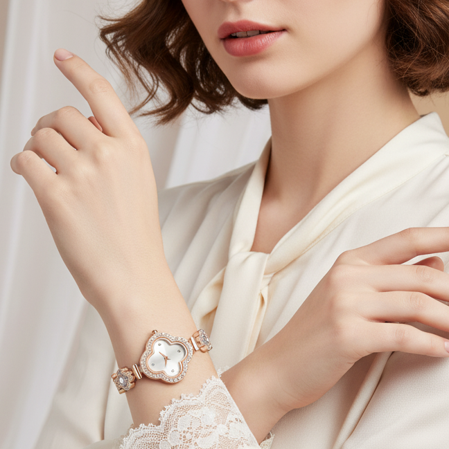 Woman wearing a white blouse with lace cuffs and a decorative watch, against a neutral background.