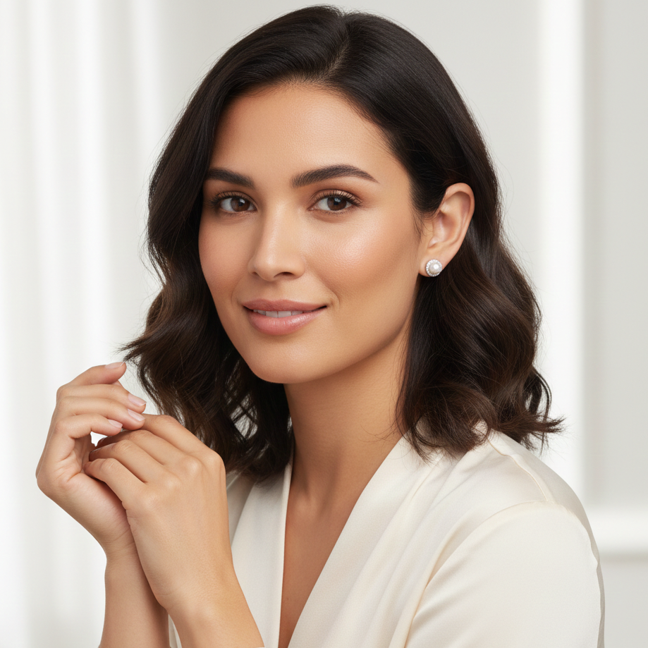 Woman wearing a white top against a plain background