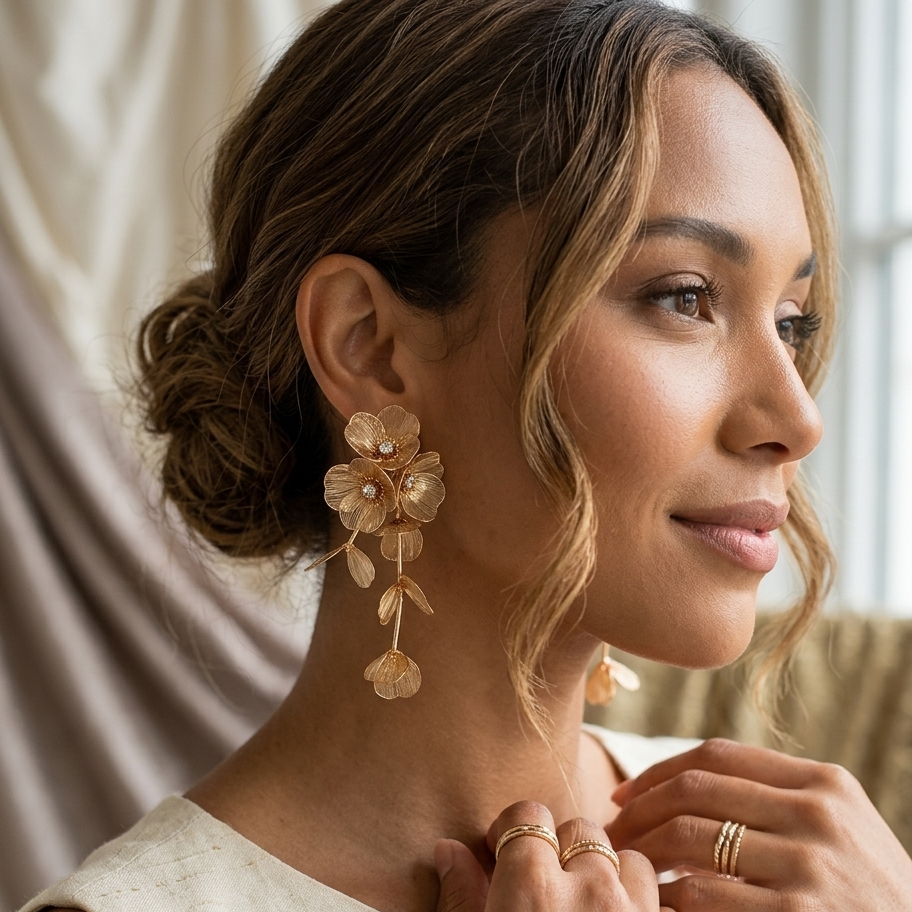 Golden Floral Statement Earrings