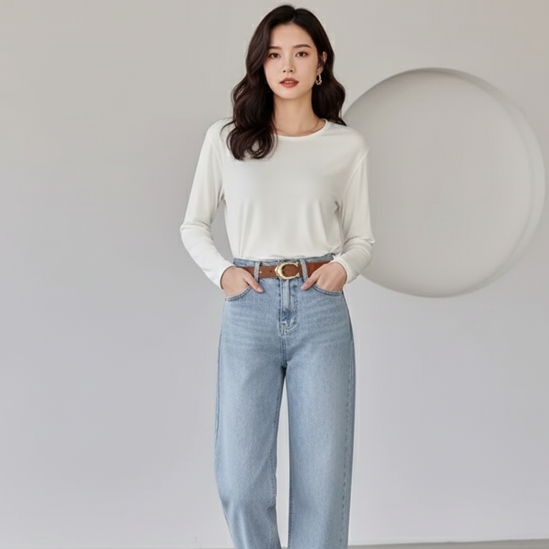 Woman wearing a white top and light blue jeans against a plain background