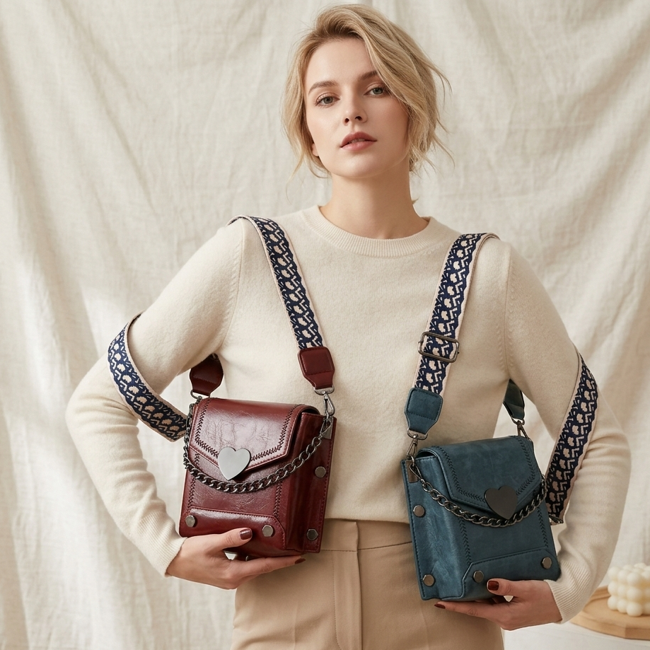 Woman holding two handbags with straps over her shoulders against a neutral background