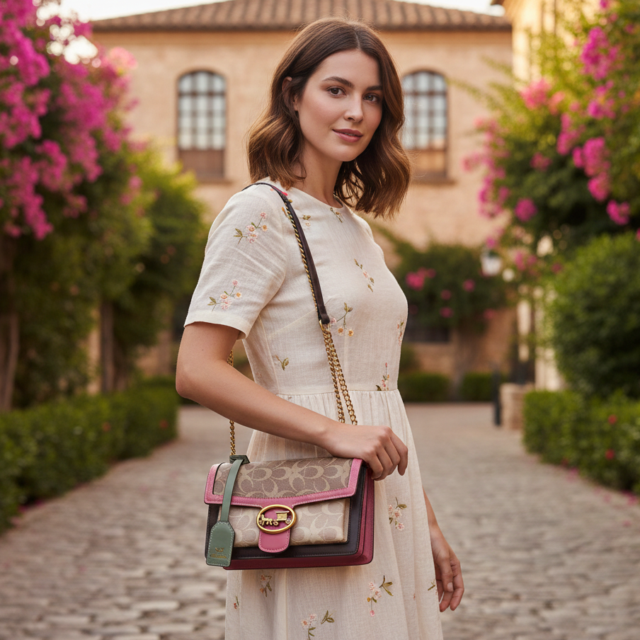 Woman holding a Coach handbag in an outdoor setting with flowers and buildings in the background