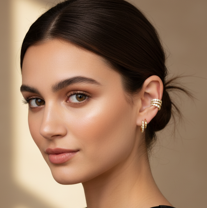 Woman wearing gold earrings with a neutral background