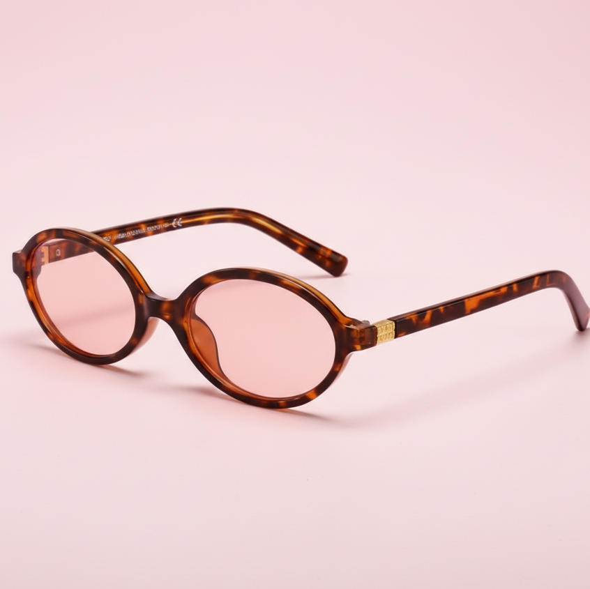 Sunglasses with tortoiseshell frame and pink lenses on a light pink background
