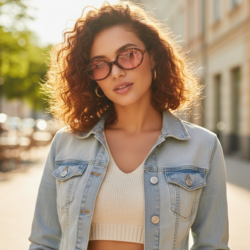 Woman wearing glasses and a denim jacket on a sunny street