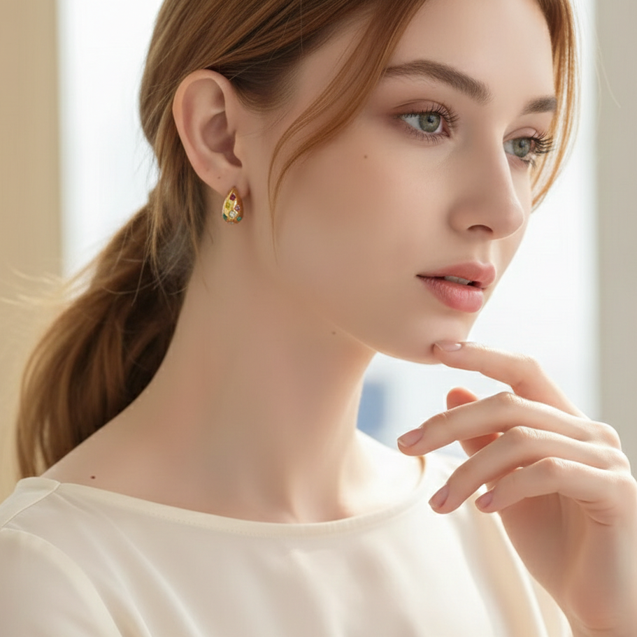 Close-up of a woman wearing gold earrings with a neutral background