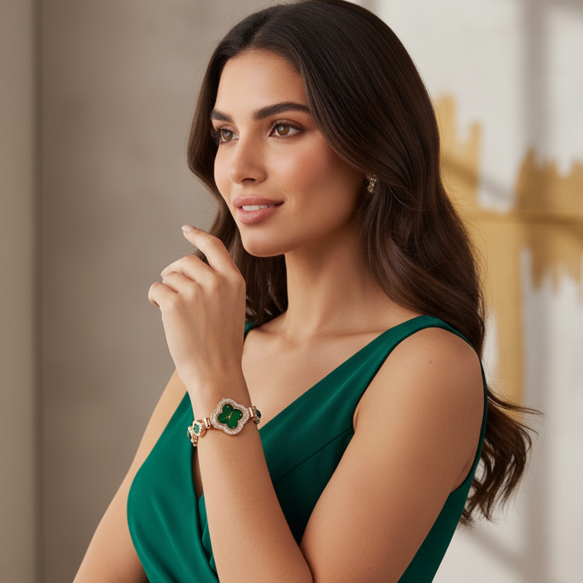 Woman wearing a green dress and bracelet, posing indoors with a neutral background