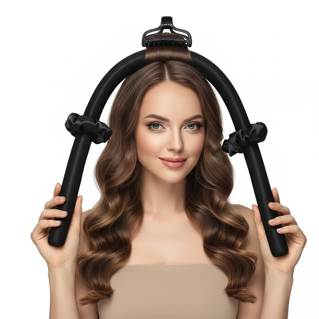 Woman with styled hair holding a hair curling tool against a white background