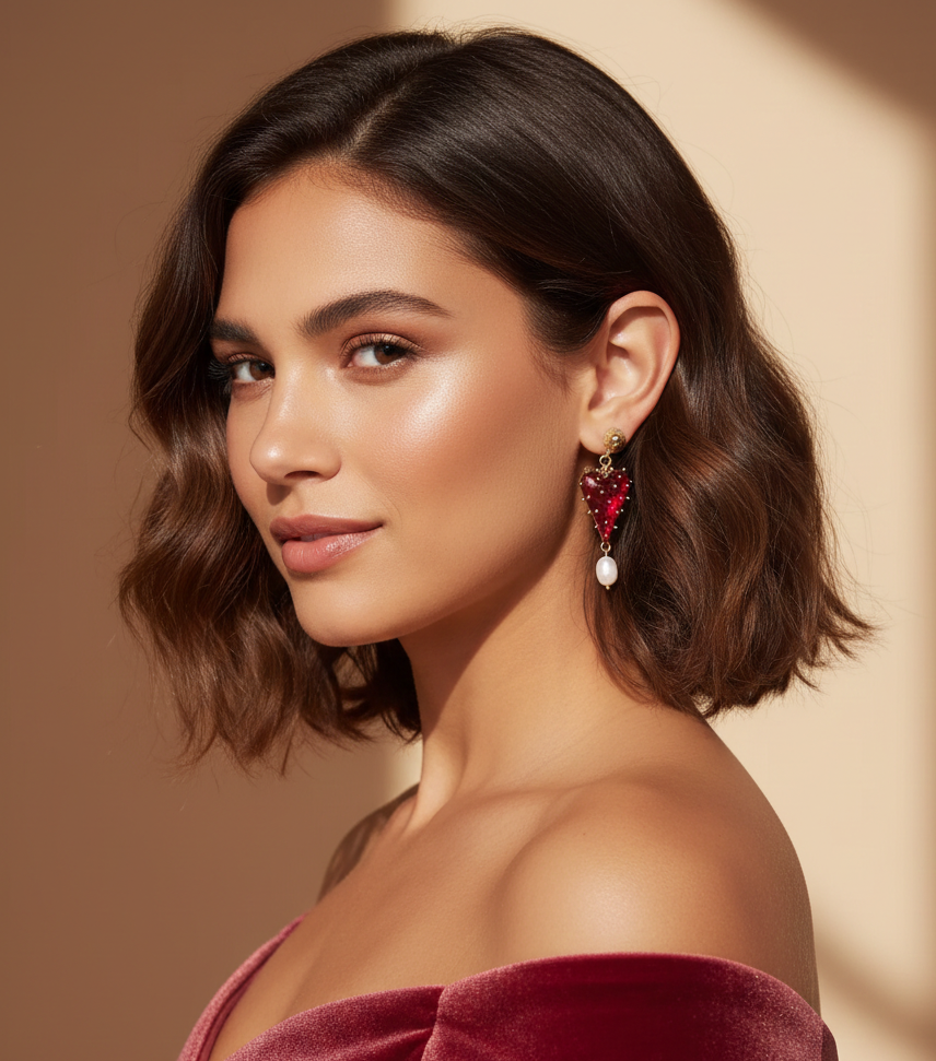 Woman wearing a burgundy off-shoulder top with a neutral background