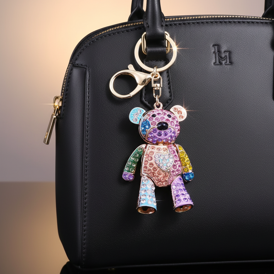 Colorful teddy bear keychain attached to a black handbag with a blurred background