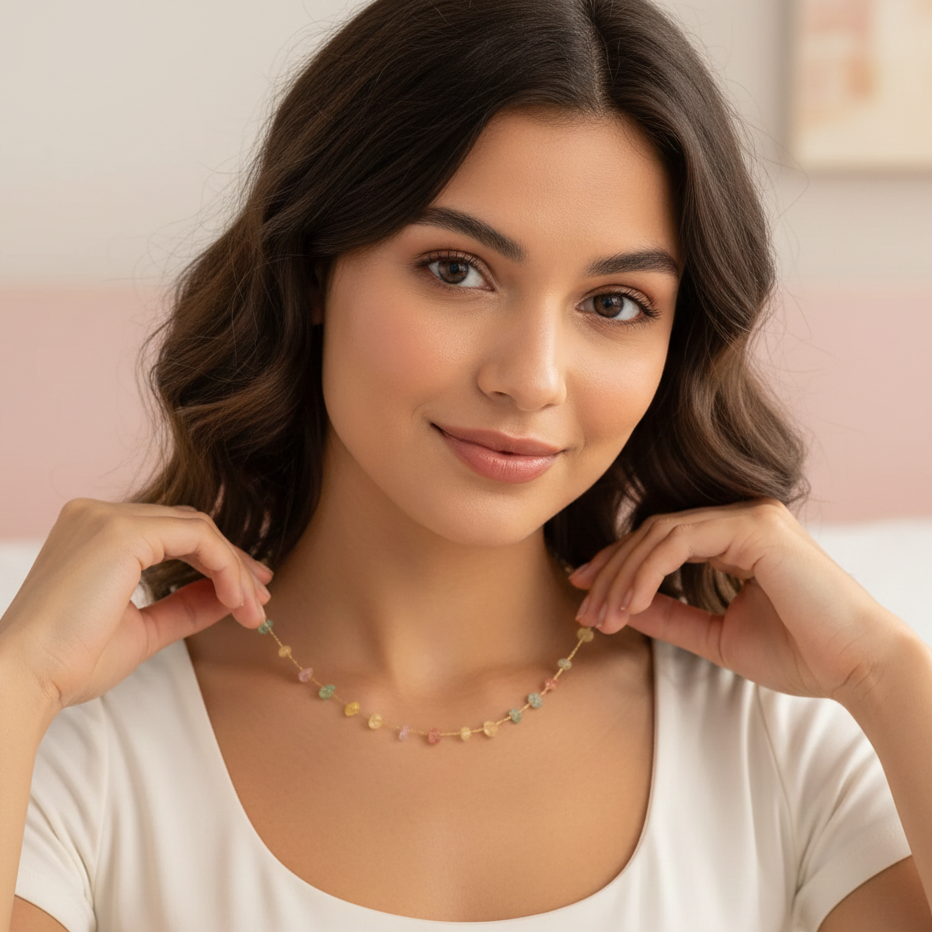 Woman wearing a necklace with a soft background