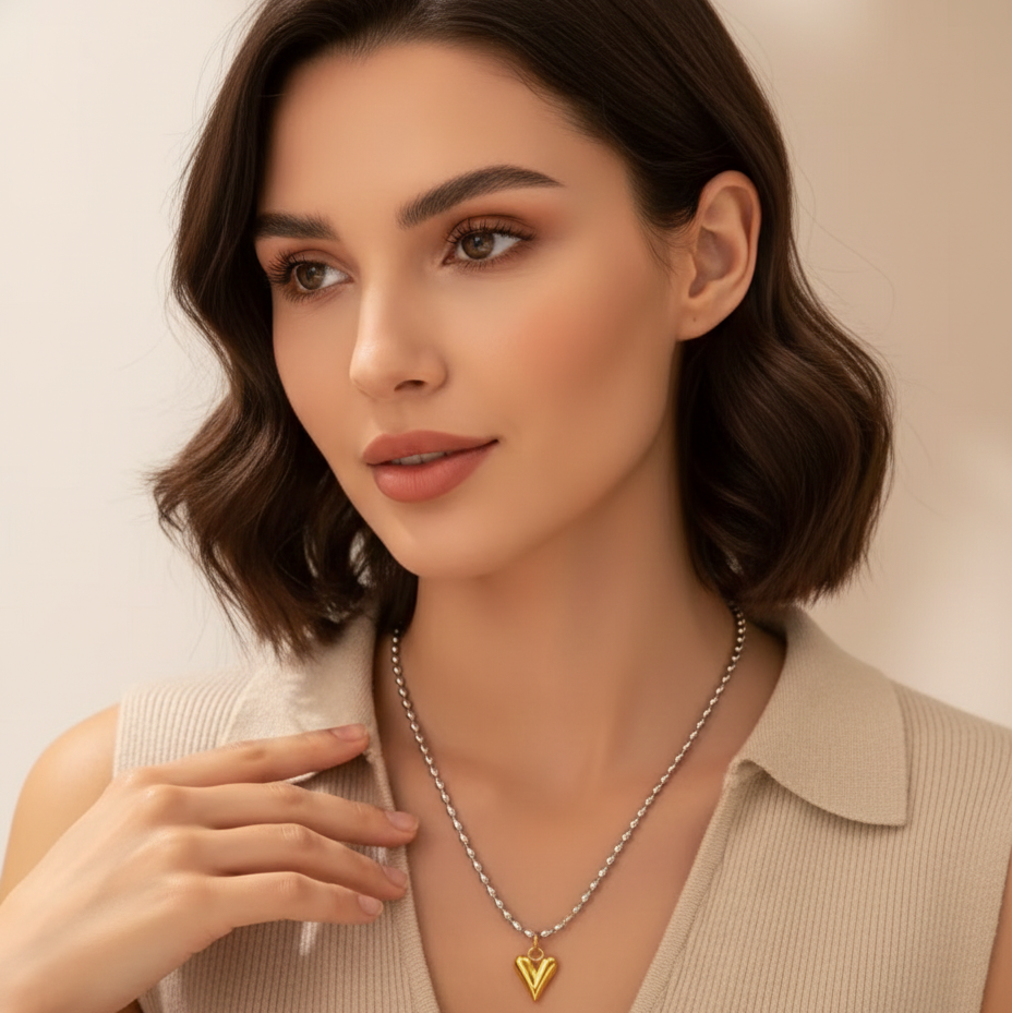 18K Gold Plated Stainless Steel Heart Pendant Bead Chain Necklace
