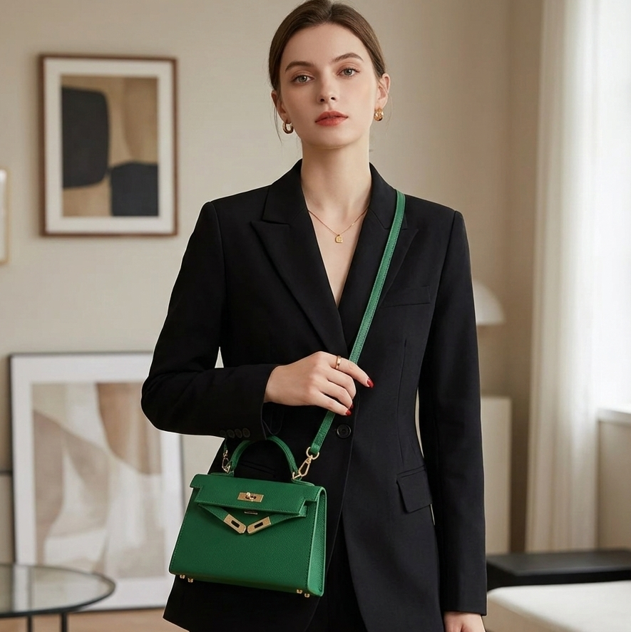 Woman holding a green handbag in an elegant room with art on the wall.