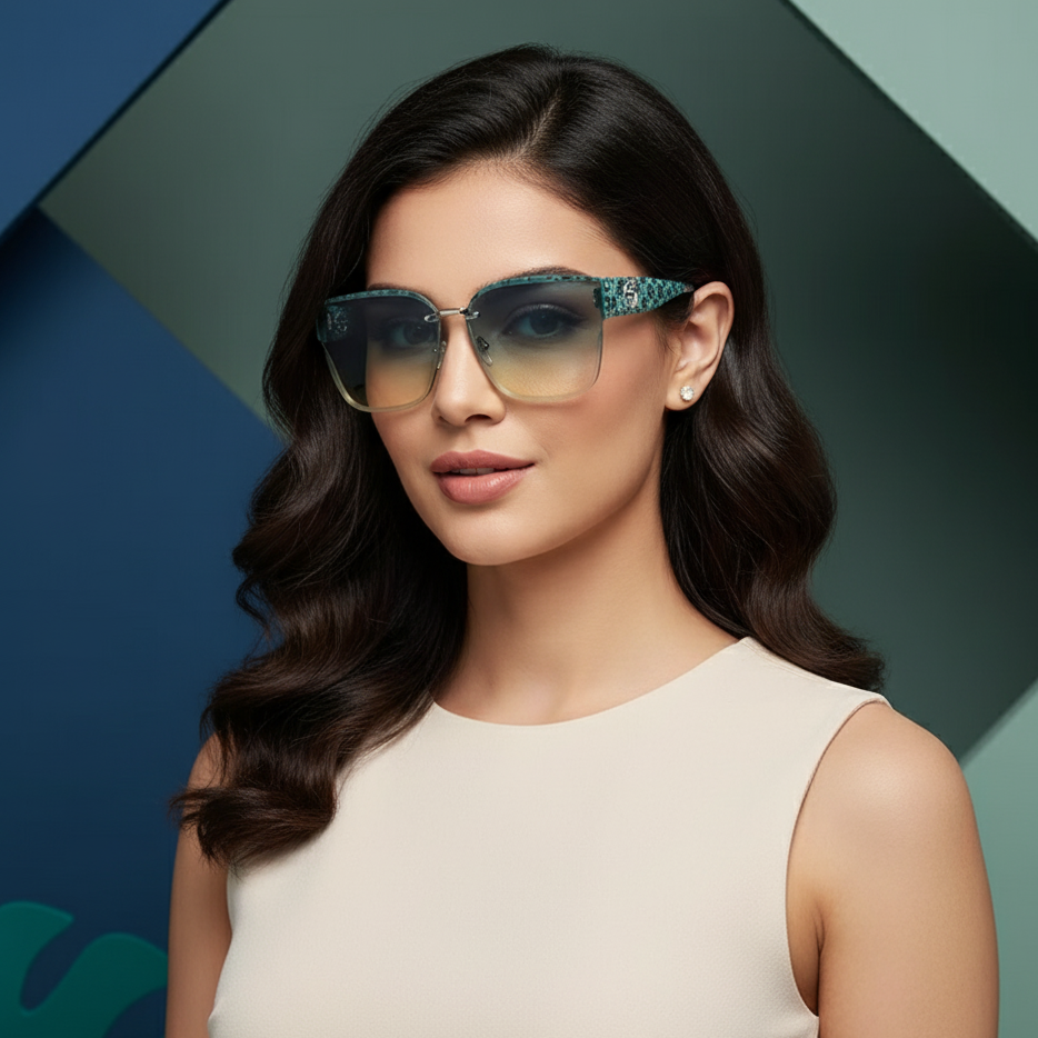 Woman wearing stylish sunglasses with a geometric background
