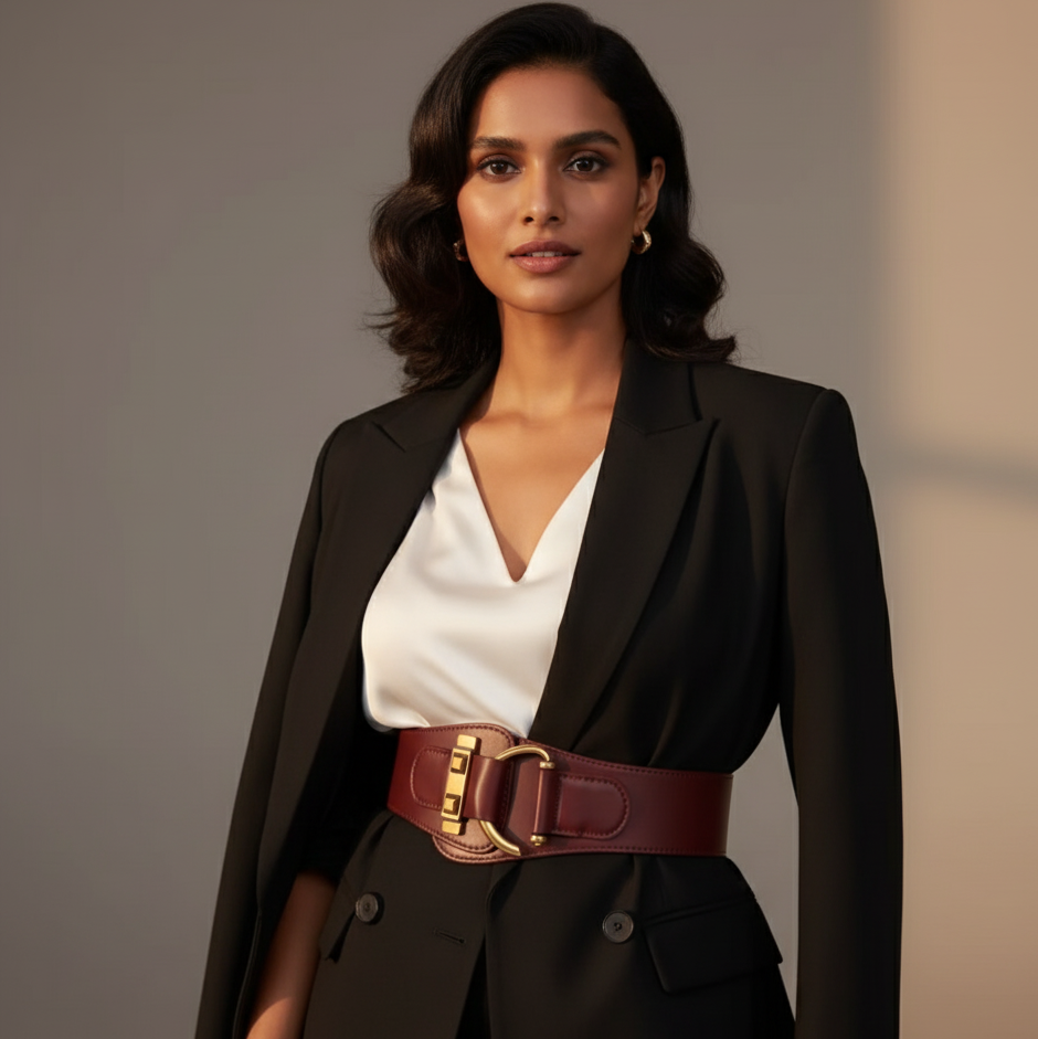 Woman wearing a black blazer with a white shirt and burgundy belt against a neutral background