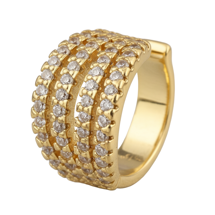 Gold ring with multiple rows of diamonds on a light gray background