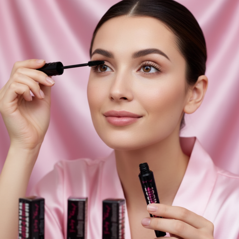 Woman applying mascara with a pink satin background