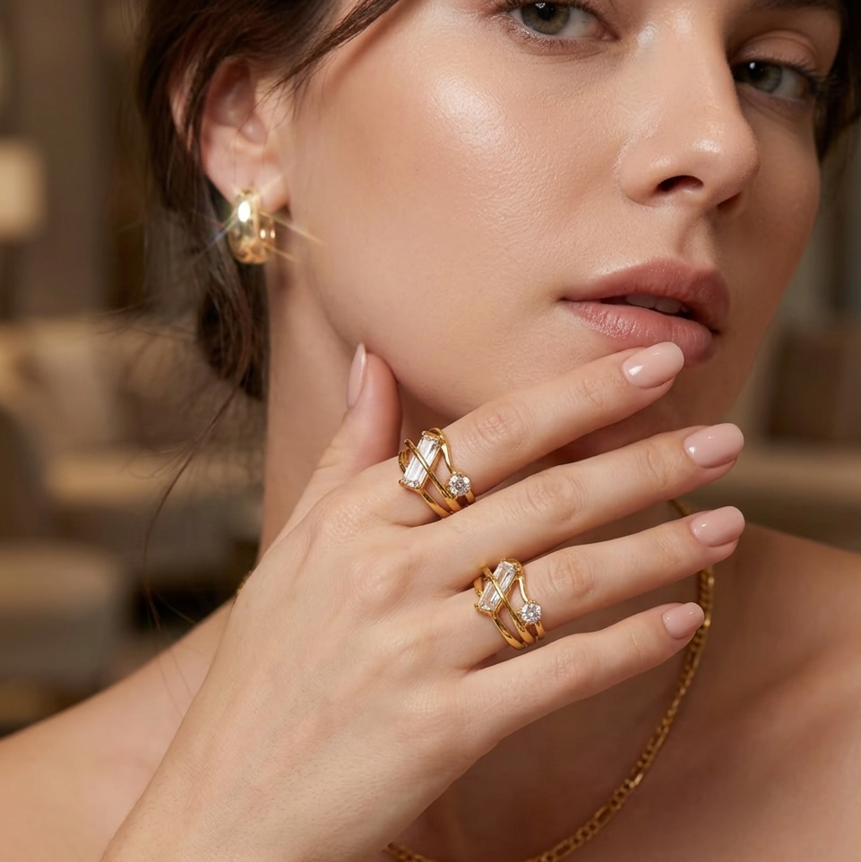 Woman wearing gold jewelry including earrings, ring, and necklace with a blurred background