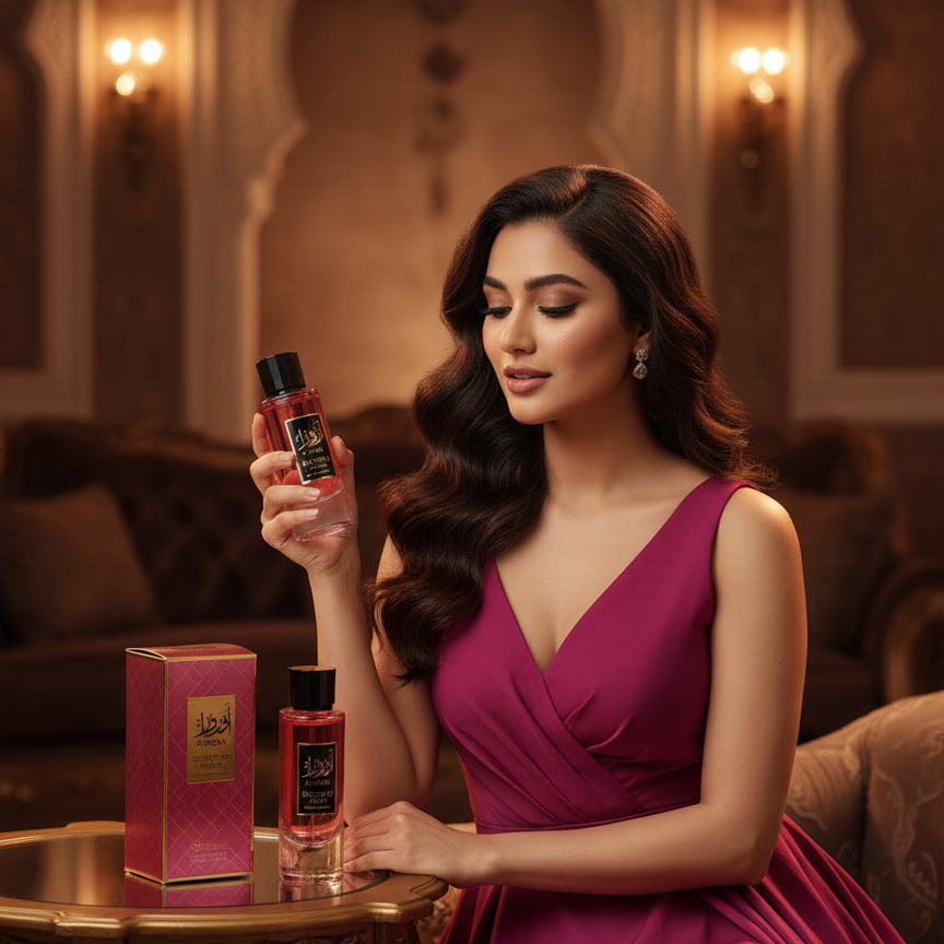 Woman in a pink dress holding a perfume bottle in an elegant interior setting