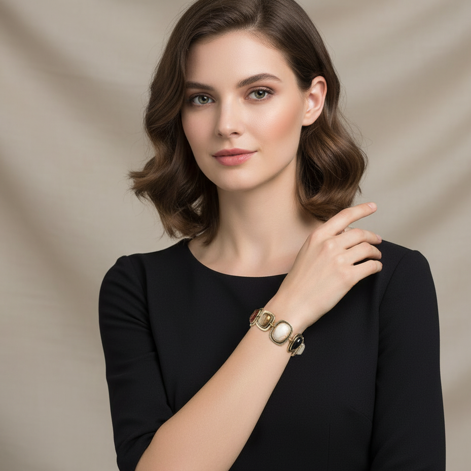 Woman wearing a gold bracelet on a beige background
